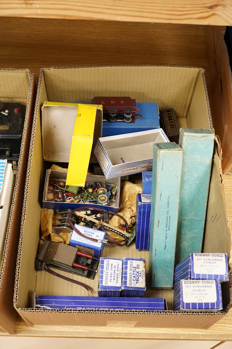 A collection of Hornby Dublo railway for 3-rail running, including two locomotives; an LMS Duchess of Athol 4-6-2, locomotive box, tender unboxed, and a boxed BR Standard Class 4 2-6-4T, 80054, together with five boxed b